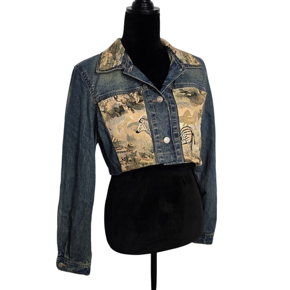 Vintage Stonebridge Tapestry Safari Cropped Denim Jacket Elephant Zebra Medium